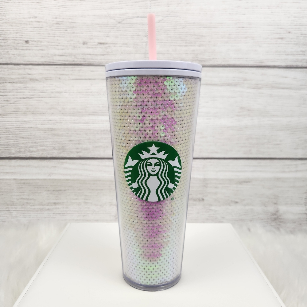 Starbucks White Pink Sequin Tumbler Holiday 2020